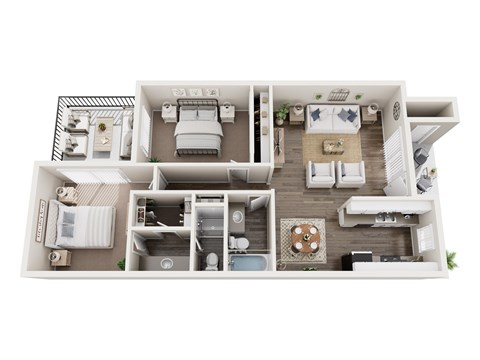 A top-down view of a house layout with a living room, kitchen, and bedrooms.